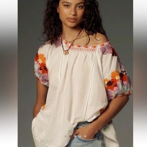 Anthropologie White Floral Embroidered Blouse